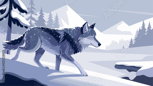 Serene scene of a wolf navigating through a snowy landscape, with snowflakes gently settling on its fur and tranquil wintry surroundings.