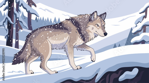 Serene scene of a wolf navigating through a snowy landscape, with snowflakes gently settling on its fur and tranquil wintry surroundings.