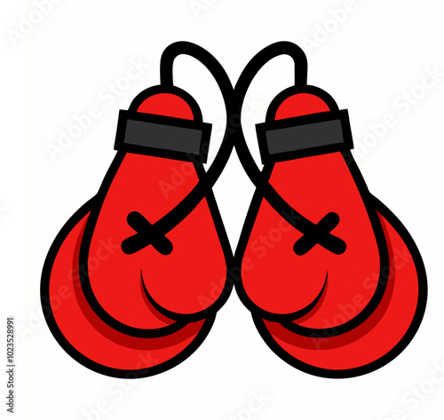 Vector illustration of a pair of red boxing gloves hanging by their laces. Boxers competitions protective equipment concept outline and icon.