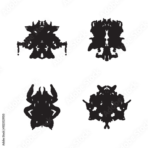 Rorschach inkblot test black silhouettes set. Symmetrical ink stain, psychology tests silhouettes