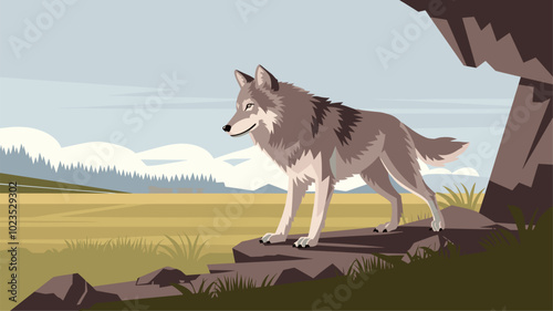 Wolf against an isolated background, with its detailed features and dynamic form prominently displayed in a minimalistic environment.