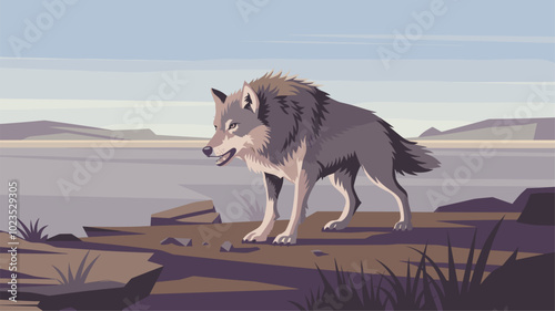 Wolf against an isolated background, with its detailed features and dynamic form prominently displayed in a minimalistic environment.