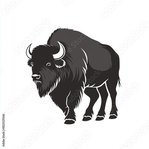 Bold black silhouette of a buffalo on a white isolated background, representing strength and resilience.