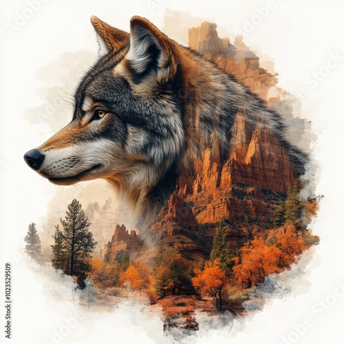 A wolf’s profile blending into the towering cliffs of a Grand Canyon, with the rugged canyon walls merging into the wolf’s fur. Isolated on white. AR: 3:2.  photo