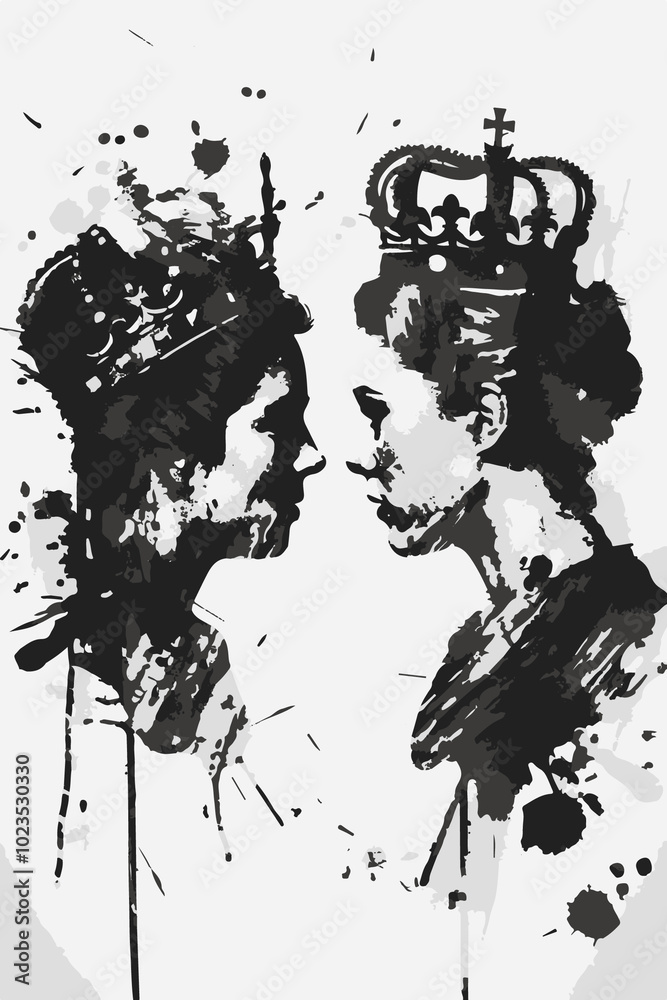 Obraz premium Graffiti-style ink splash art featuring royal busts and crowns. Black and white modern interpretation of classical royalty, displaying power, elegance, and a bold, edgy twist on traditional symbols.