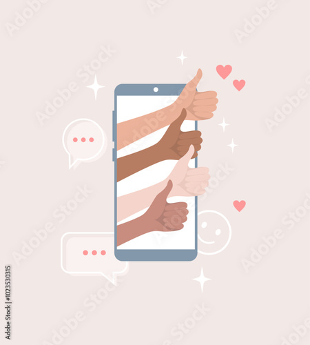 Hands of people of different nationalities and skin tones showing thumbs up gesture through smartphone screen. Flat vector illustration