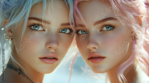 Close Up Portrait Illustration of Two Women with Blue and Pink Hair