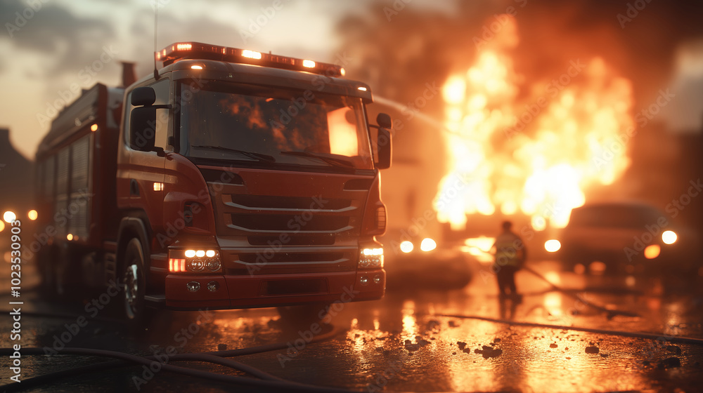 A vivid scene depicting a fire truck responding to a blaze in an urban area. The image captures flames, smoke, and intense firefighting efforts, showcasing the urgency of emergency services.