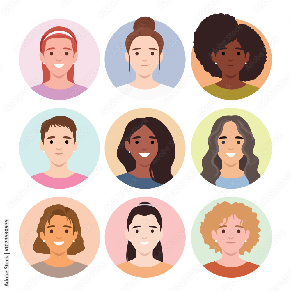 Set of women avatar icons with various ethnicity. Flat vector illustration isolated on white background Set of women avatar icons with various ethnicity. Flat vector illustration isolated on white background