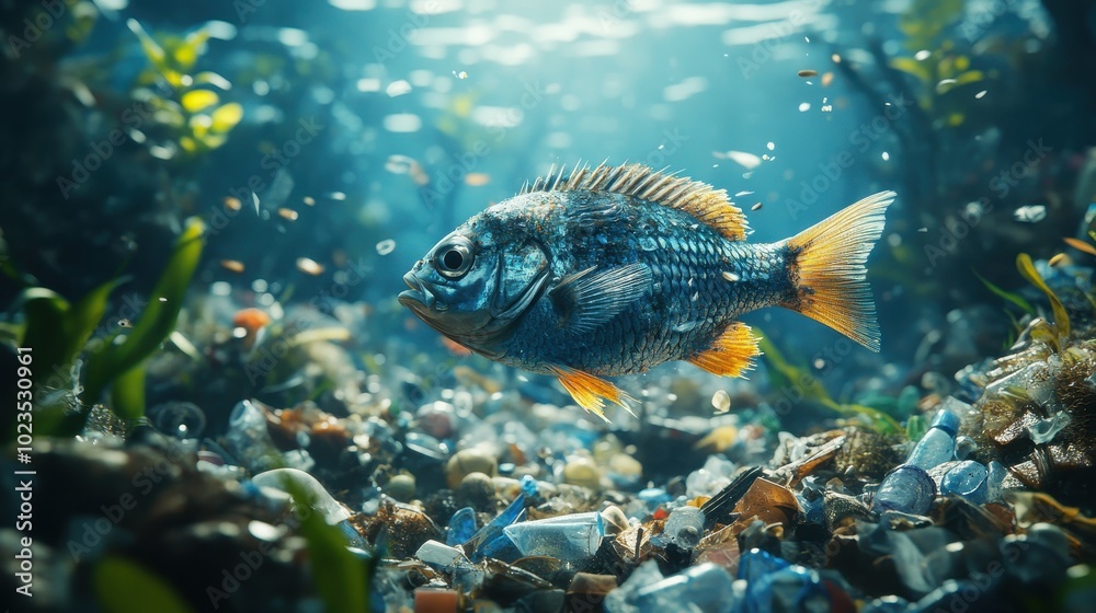 A vibrant fish swims through a polluted underwater environment, surrounded by plastic debris and marine plants, illustrating ocean contamination.
A vibrant fish swims through a polluted underwater environment, surrounded by plastic debris and marine plants, illustrating ocean contamination.
