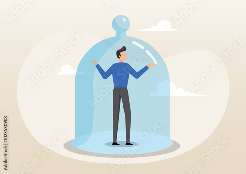 Depressed businessman covered in small glass dome
