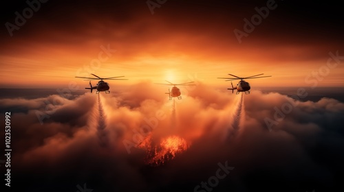 A powerful scene depicting helicopters combating a fierce fire during a stunning sunset. The dramatic interplay of clouds and flames highlights the intensity of the rescue operation.