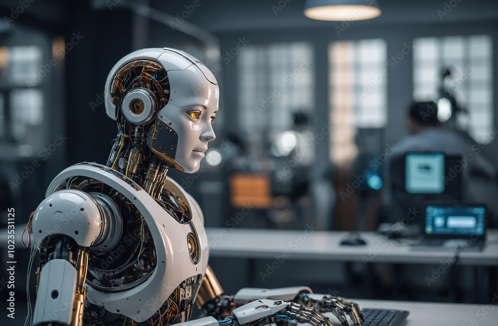 Fototapeta premium AI robot sitting on computer in office technology work business