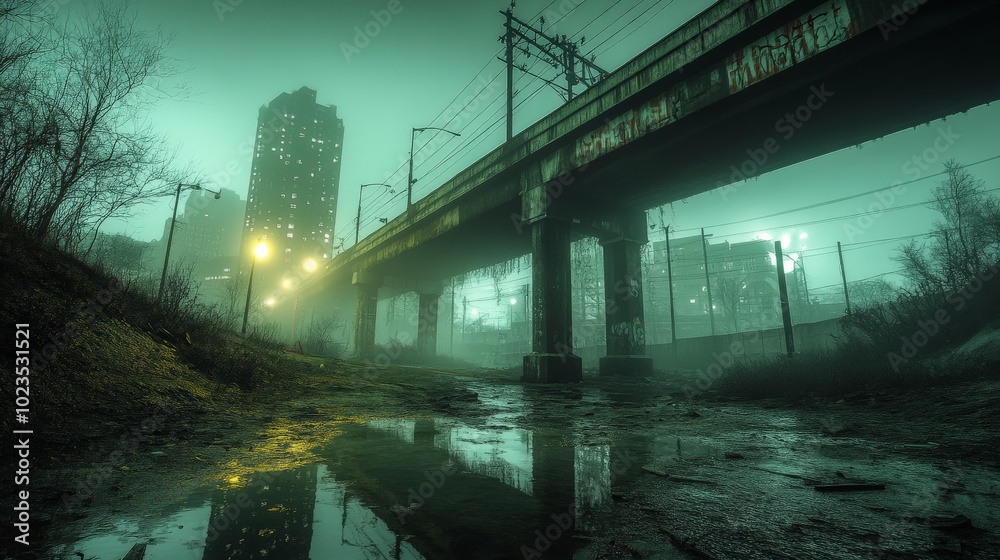 Fototapeta premium A wide-angle shot of a dystopian, abandoned city underpass at night