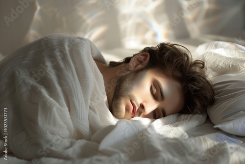 A beautiful caucasian man sleeps on a white pillow covered with a white blanket. The rays of dawn illuminate his face. AI generative