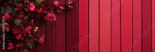 Red flowers and leaves arranged on a textured red wooden surface, showing a vivid contrast of natural elements. photo