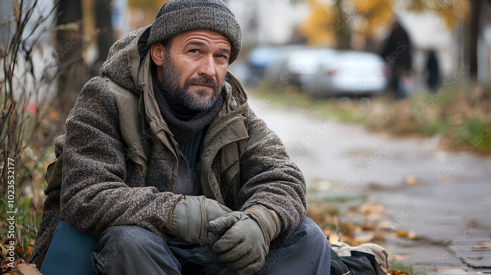 A homeless man is sitting on the ground. Poverty and misery. Social problems A homeless man is sitting on the ground. Poverty and misery. Social problems