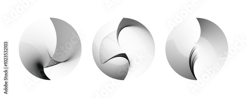 Black and white, vector illustration, of depth, circular patterns and particle flow dynamics.