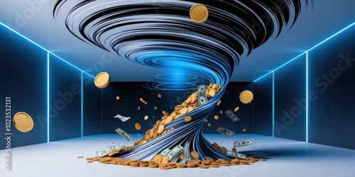 A dramatic tornado made of gold coins and dollar bills creates a striking visual in a modern, sleek setting, symbolizing financial flow and wealth.