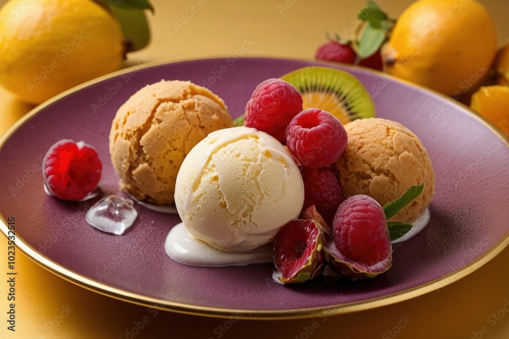 Exotic fruits ice cream balls in nice plate on gold background. Golden plate with colorful ice cream balls Exotic fruits ice cream balls in nice plate on gold background. Golden plate with colorful ice cream balls