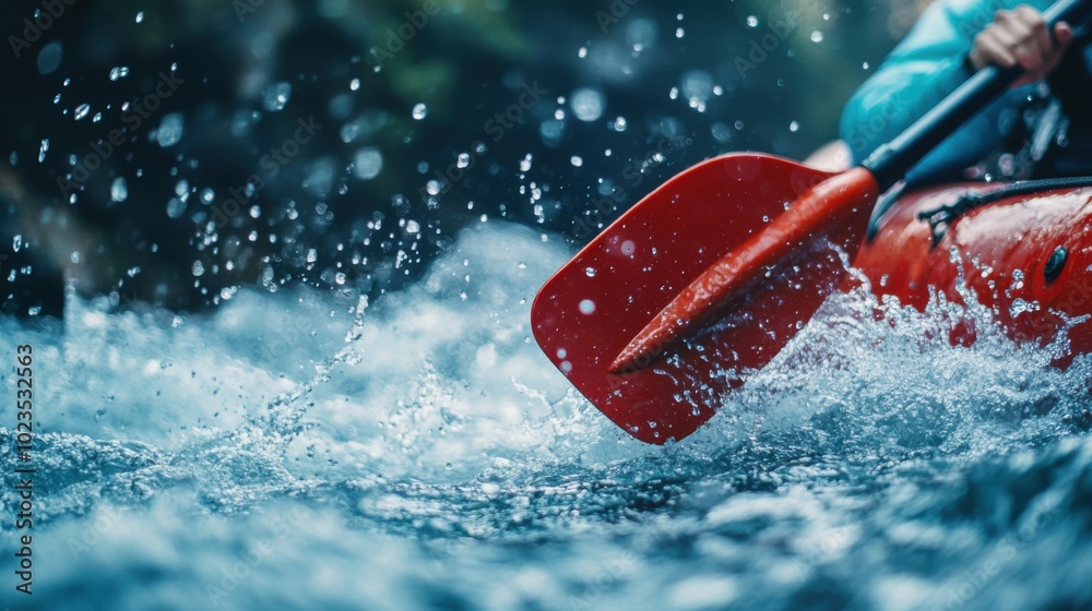 Naklejka premium Rafting in the river, focusing only on the paddle blades.
