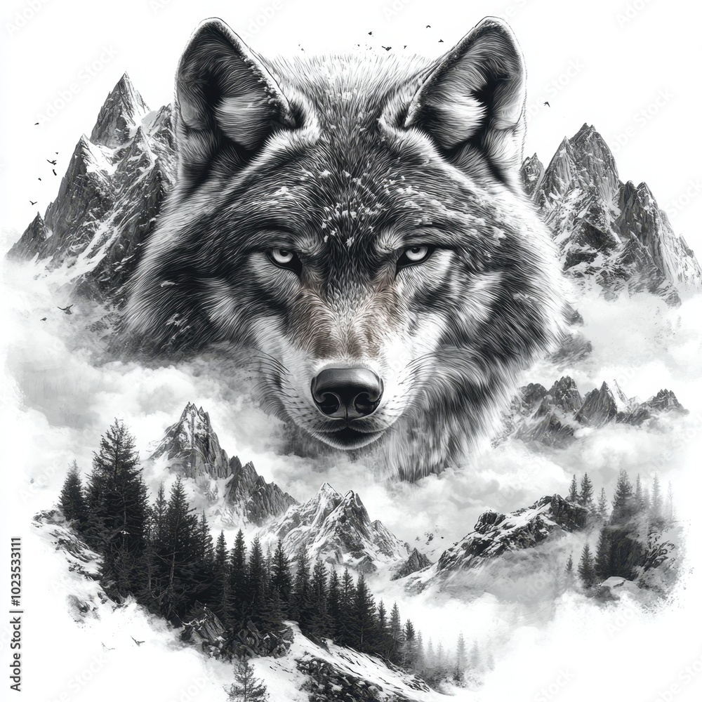 custom made wallpaper toronto digitalThe outline of a wolf merging with the jagged peaks of Patagonia, where snow-dusted mountains blend into its sharp profile. White background. AR: 3:2. 
