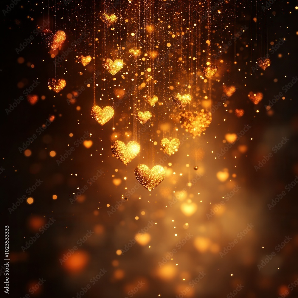 Fototapeta premium Delicate golden hearts hang suspended in the air, shimmering with a sparkling glow against a dark background. The enchanting display radiates warmth and romance, perfect for celebrations like weddings
