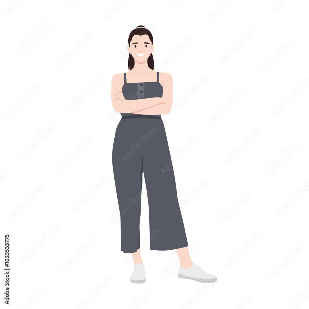Young asian woman folded her hands wearing casual dress. Flat vector illustration isolated on white background Young asian woman folded her hands wearing casual dress. Flat vector illustration isolated on white background