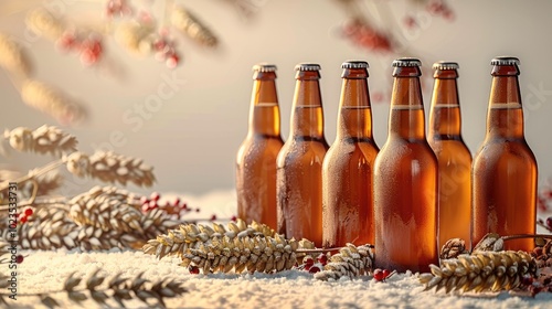 Set of 6 local beer bottles on cream background, winter theme, hops and barley on the ground. photo