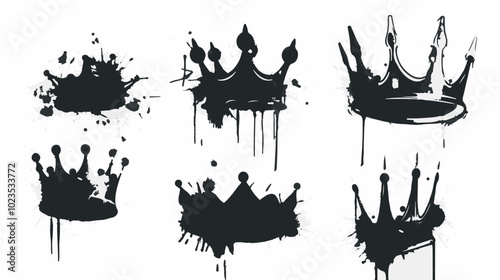 Graffiti-style ink splash art featuring royal busts and crowns. Black and white modern interpretation of classical royalty, displaying power, elegance, and a bold, edgy twist on traditional symbols.