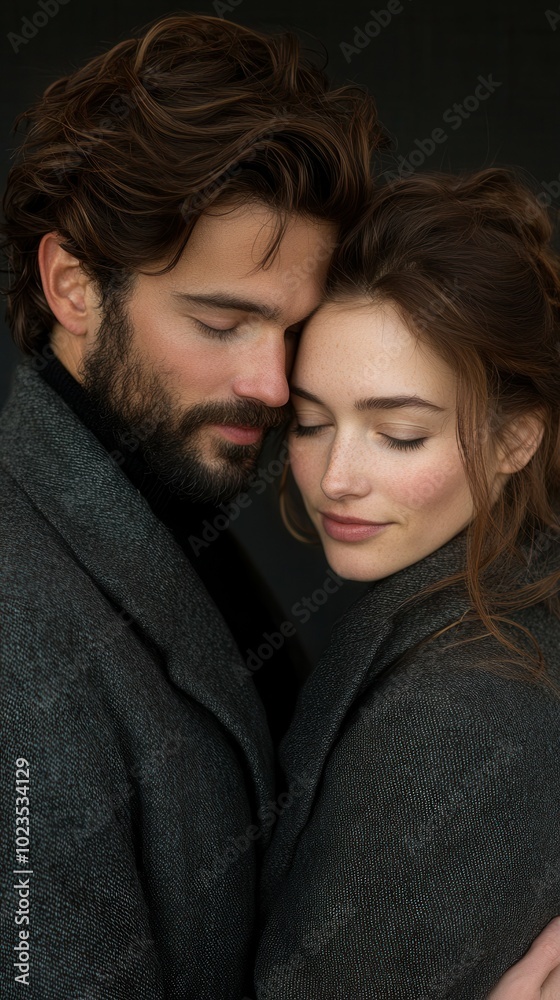 A couple stands closely together, wrapped in cozy winter coats as they share an intimate embrace. Their eyes are closed, expressing a deep connection and warmth, creating a serene atmosphere in the so A couple stands closely together, wrapped in cozy winter coats as they share an intimate embrace. Their eyes are closed, expressing a deep connection and warmth, creating a serene atmosphere in the so
