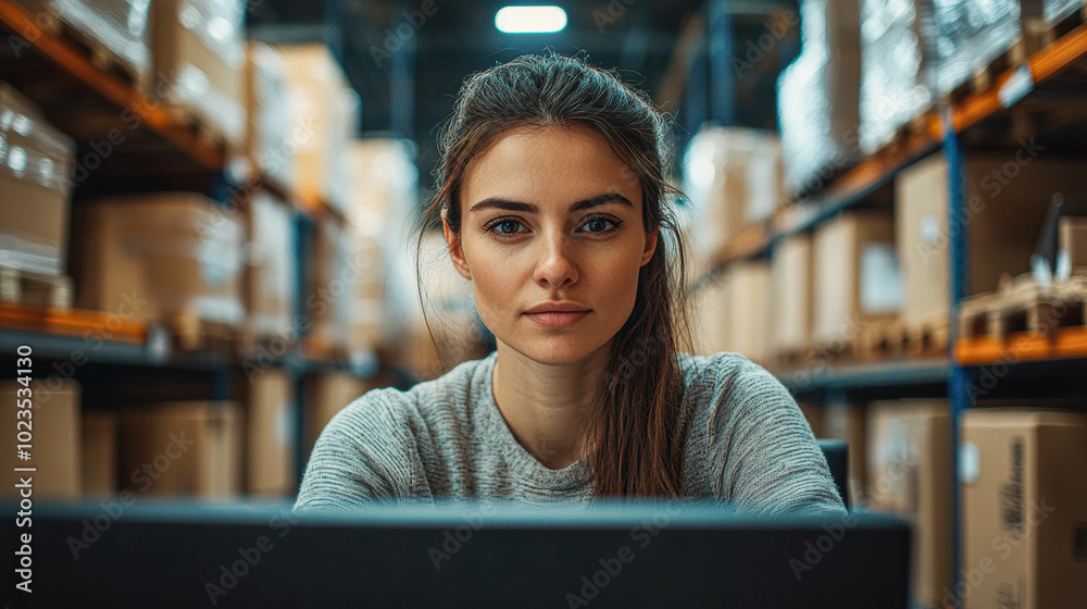 A woman is sitting in front of a computer in a warehouse A woman is sitting in front of a computer in a warehouse