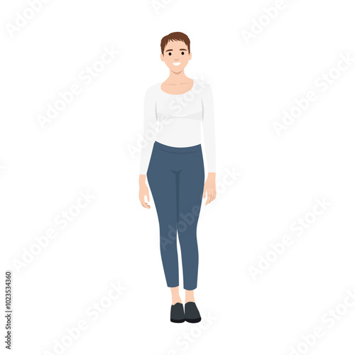 Young short hair woman standing with long sleeve shirt and jeans. Flat vector illustration isolated on white background