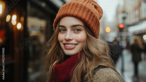 A cheerful young woman, dressed in cozy autumn clothing, strolls through a lively street filled with people. Her warm smile and vibrant beanie add to the inviting atmosphere of the twilight scene.