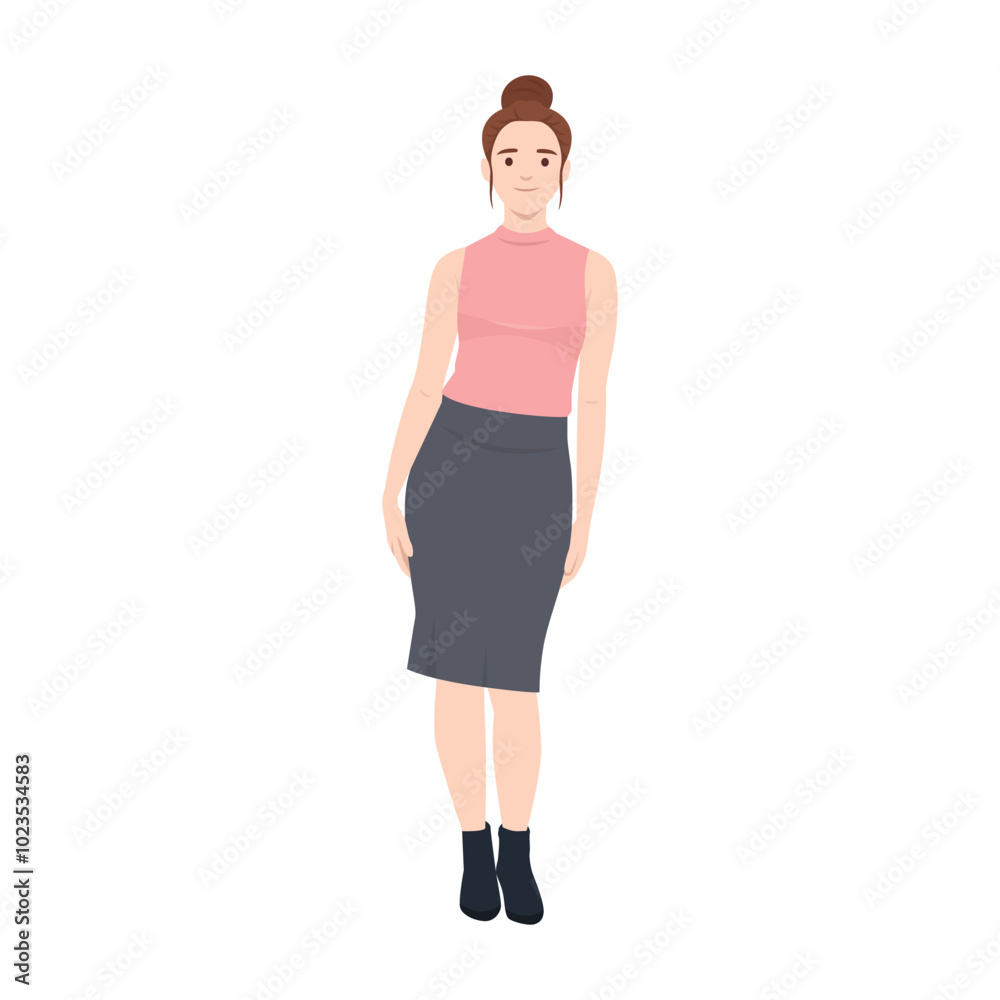 Beautiful woman posing with skirt and turtle neck sleeveless outfit. Flat vector illustration isolated on white background Beautiful woman posing with skirt and turtle neck sleeveless outfit. Flat vector illustration isolated on white background