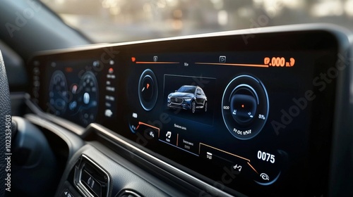 A close-up of a car control panel showcasing advanced adaptive cruise control, with indicators for car-to-car distance, speed adaptation, and smart lane positioning.