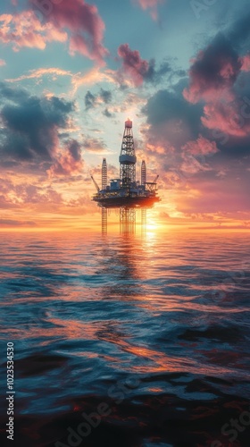 Oil Rig Platform at Sunset on the Ocean