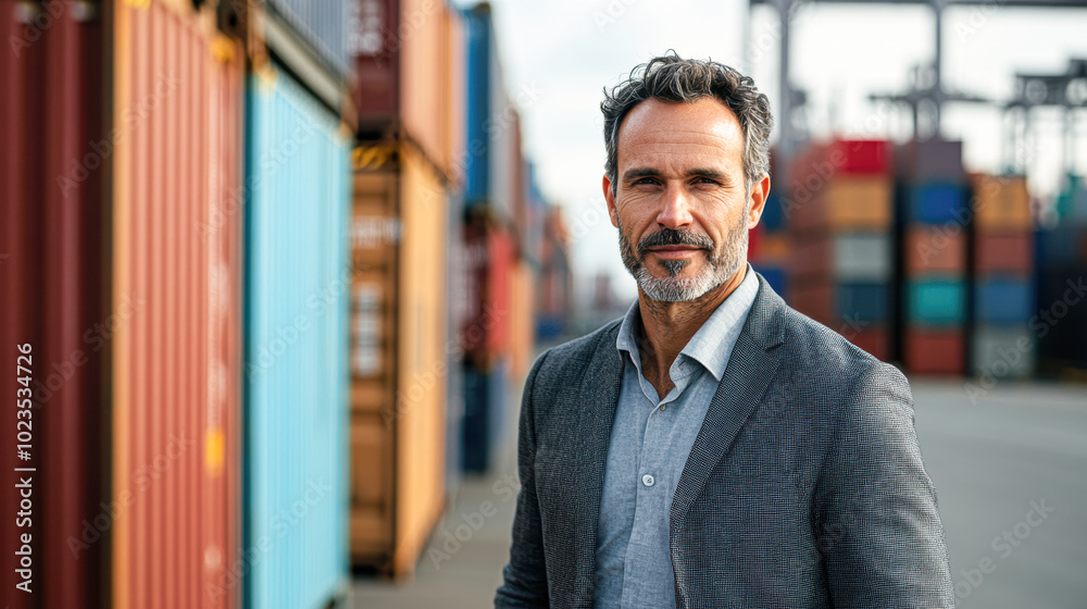 A man in a gray jacket stands in front of a row of shipping containers