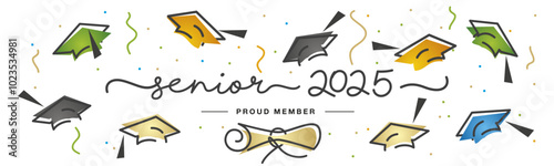 Senior 2025 handwritten typography lettering text. Hand drawn design with diploma colorful confetti and flying graduates caps. Golden and black line design with white background