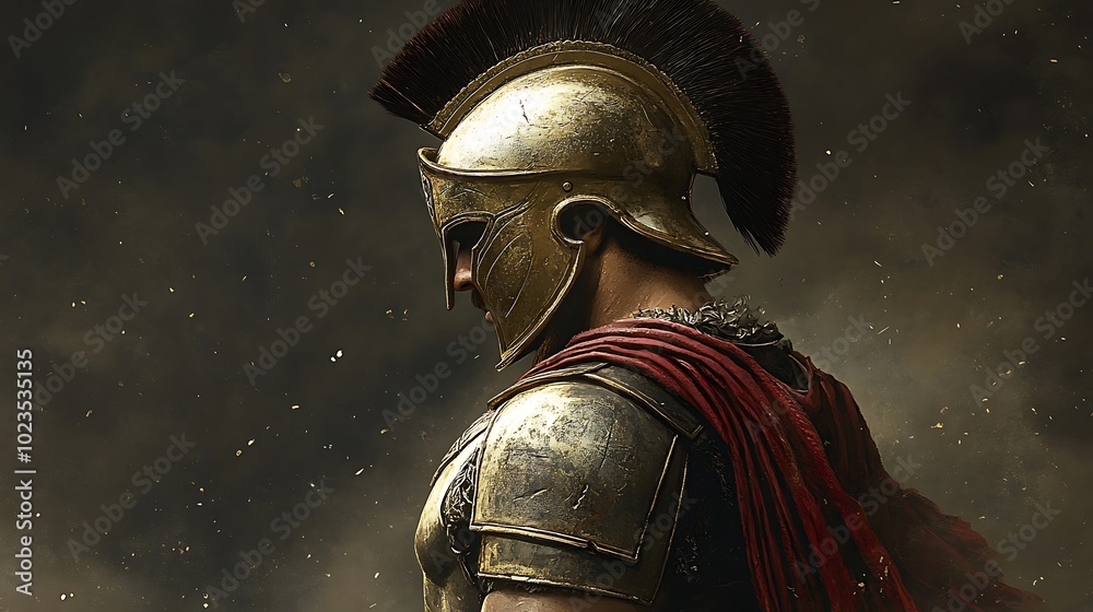 A warrior in a golden helmet and armor, symbolizing strength and bravery amidst a dramatic backdrop. A warrior in a golden helmet and armor, symbolizing strength and bravery amidst a dramatic backdrop.