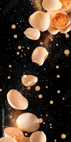 Delicate peach rose petals falling gracefully against a dark backdrop.