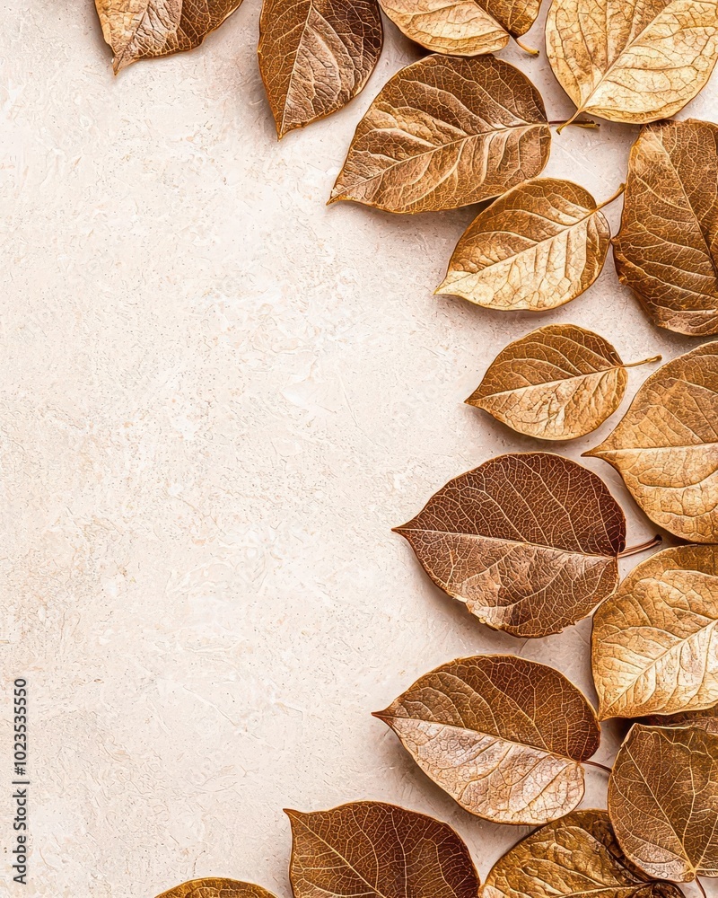 Dried brown leaves arranged artistically on a light textured background. Dried brown leaves arranged artistically on a light textured background.