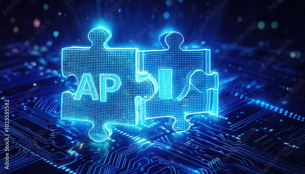 Naklejka premium API integration concept with neon puzzle pieces on digital background