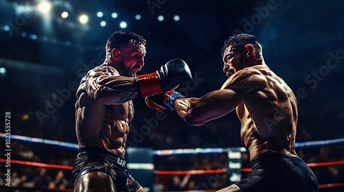 Two professional fighters boxing in fighting cage at stadium photo