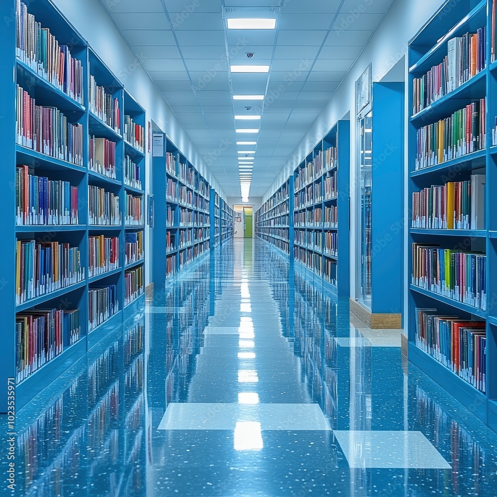 Empty Library Hallway with Bookshelves Empty Library Hallway with Bookshelves