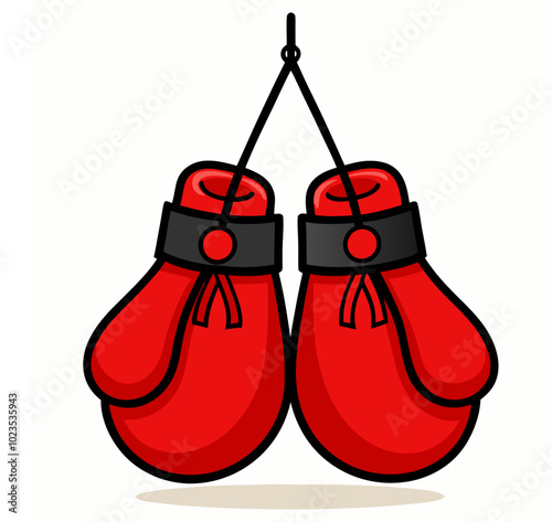 Vector illustration of a pair of red boxing gloves hanging by their laces. Boxers competitions protective equipment concept outline and icon.