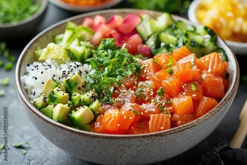 Delicious Healthy Poke Bowl Served with Fresh Ingredients