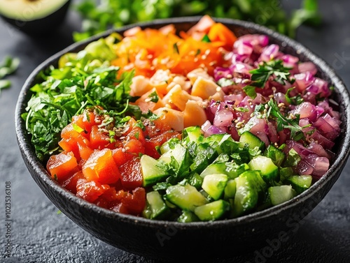 Delicious Healthy Poke Bowl Served with Fresh Ingredients