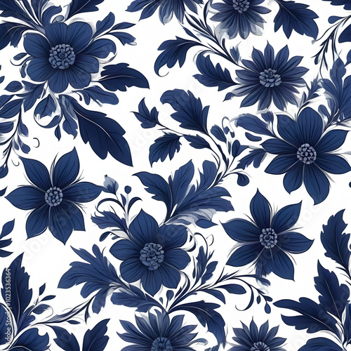 Dark blue floral pattern with leaves and flowers on white background