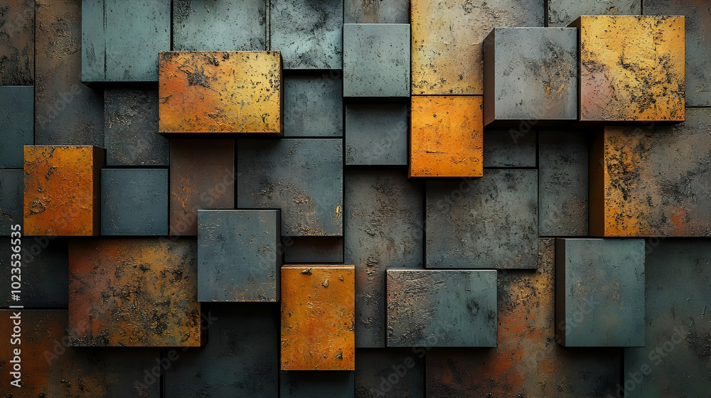 Abstract 3D Background with Square Blocks in Rusty and Teal Colors